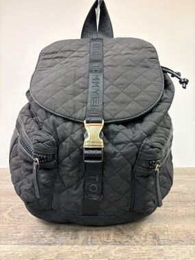 Tommy Hilfiger Quilted Nylon Backpack Black Logo Straps Drawstring Flap Bag